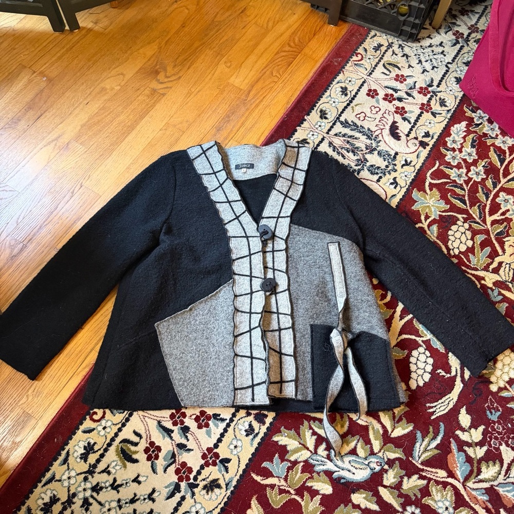 Black and gray plaid wool cardigan with tie